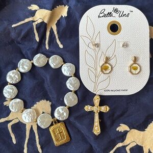 Bella Uno Stud Post Earrings Vintage Gerry's Cross Pin Coin Pearl Charm Bracelet